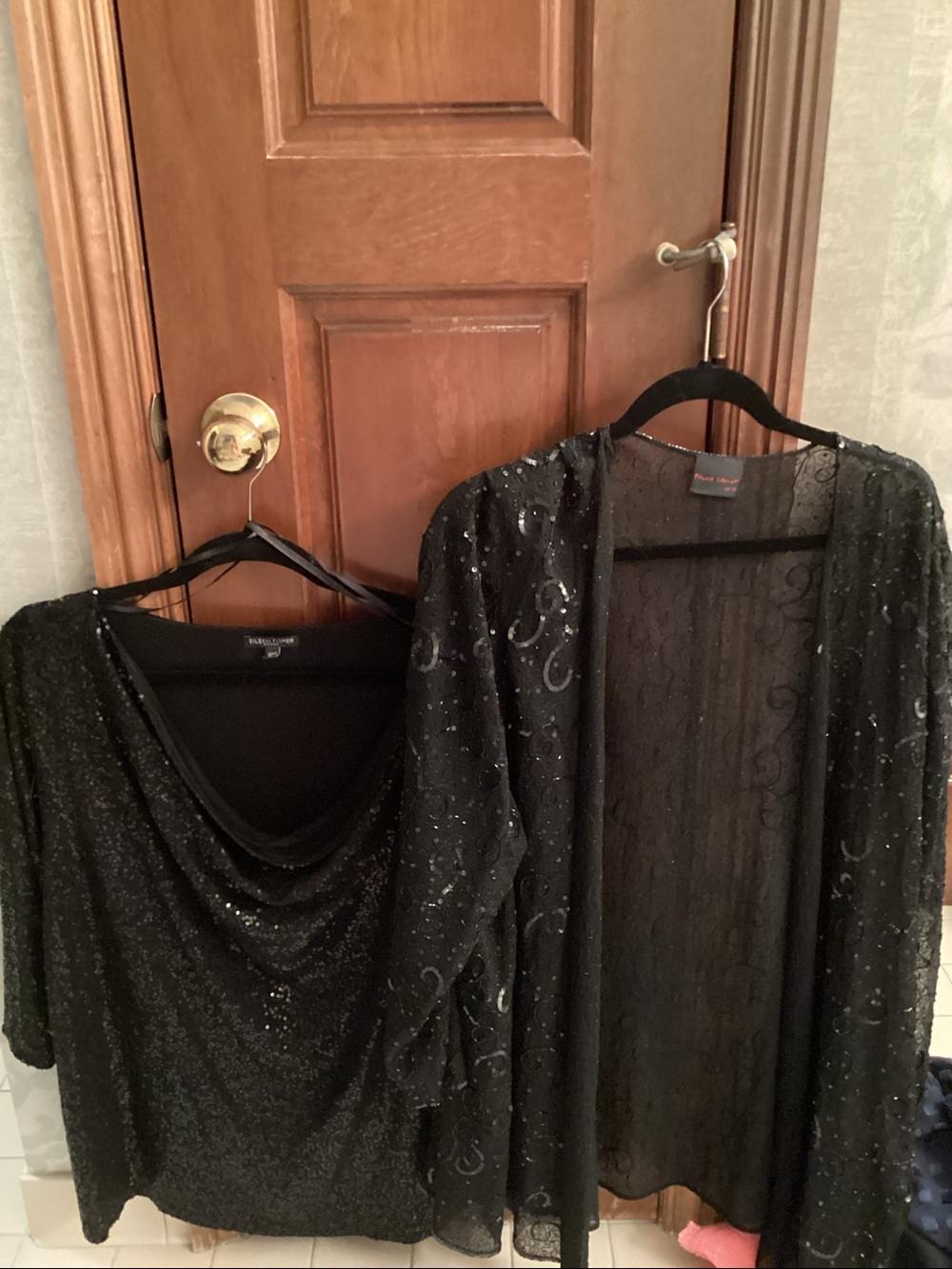SET OF 2 Eileen Fisher Black Sequin Draped Cowl Neck Top with cardigan